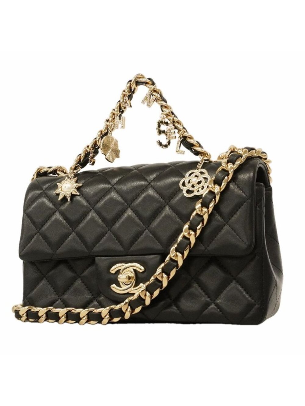 Chanel Shoulder Bag Mini Quilted Lambskin Black Champagne Gold